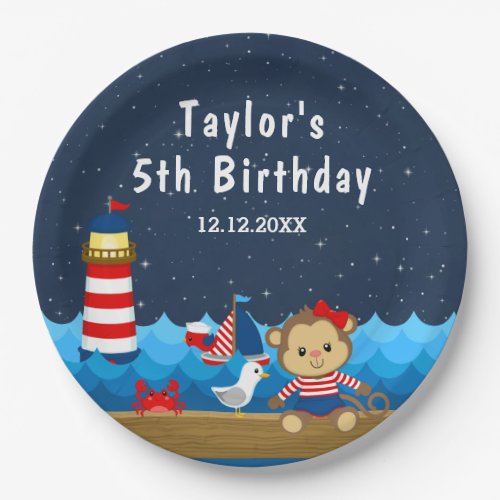 Nautical Girl Monkey Red and Navy Birthday Party Paper Plates