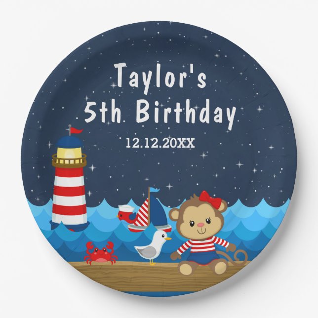 Nautical Girl Monkey Red and Navy Birthday Party Paper Plates (Front)