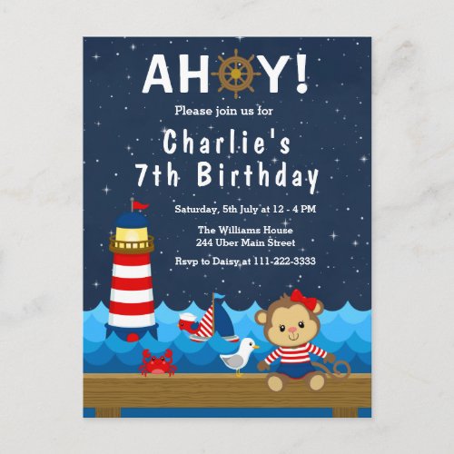 Nautical Girl Monkey Red and Navy Birthday Party Postcard