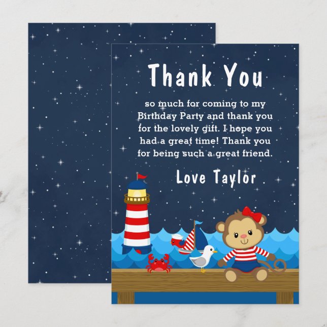 Nautical Girl Monkey Red and Navy Birthday Party Thank You Card (Front/Back)