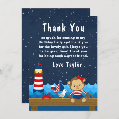 Nautical Girl Monkey Red and Navy Birthday Party Thank You Card