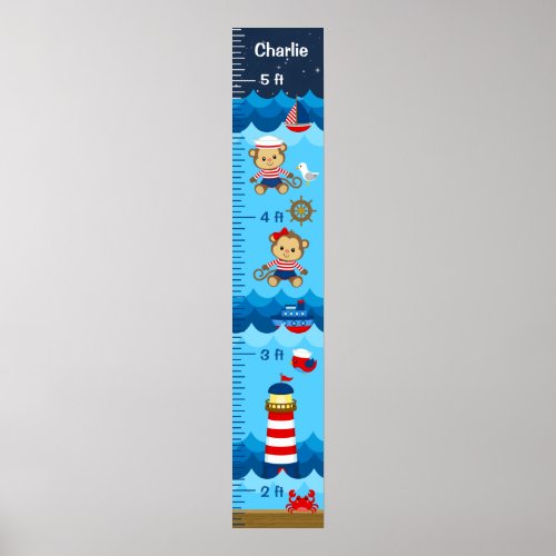 Nautical Girl Monkey Red and Navy Growth Chart