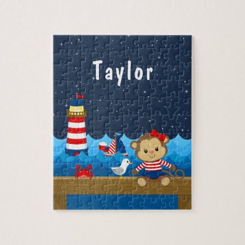 Nautical Girl Monkey Red and Navy Jigsaw Puzzle
