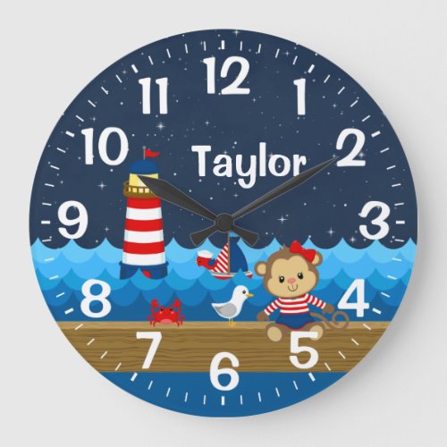 Nautical Girl Monkey Red and Navy Large Clock