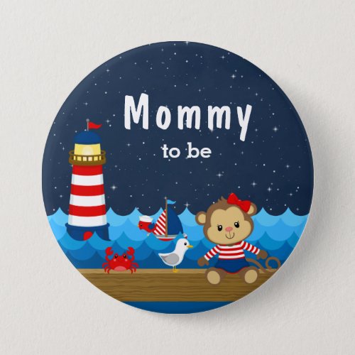Nautical Girl Monkey Red and Navy Mommy To Be Button