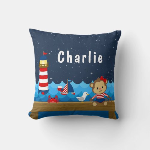 Nautical Girl Monkey Red and Navy Throw Pillow