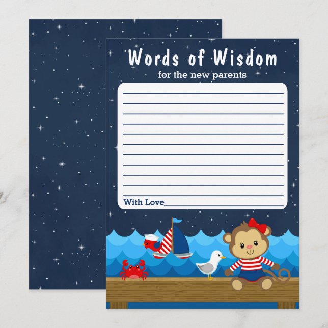 Nautical Girl Monkey Red and Navy Words of Wisdom Invitation (Front/Back)