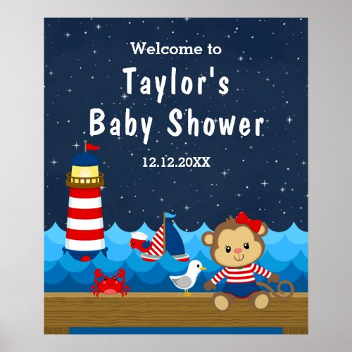 Nautical Girl Monkey Red Navy Baby Shower Welcome Poster