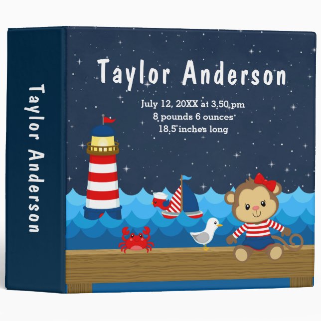 Nautical Girl Monkey Red Navy Birth Statistics 3 Ring Binder (Front/Spine)