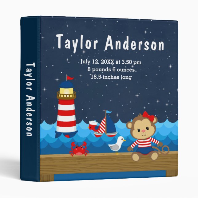 Nautical Girl Monkey Red Navy Birth Statistics 3 Ring Binder (Front/Spine)