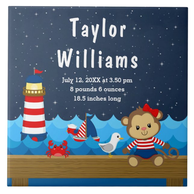 Nautical Girl Monkey Red Navy Birth Statistics Ceramic Tile (Front)