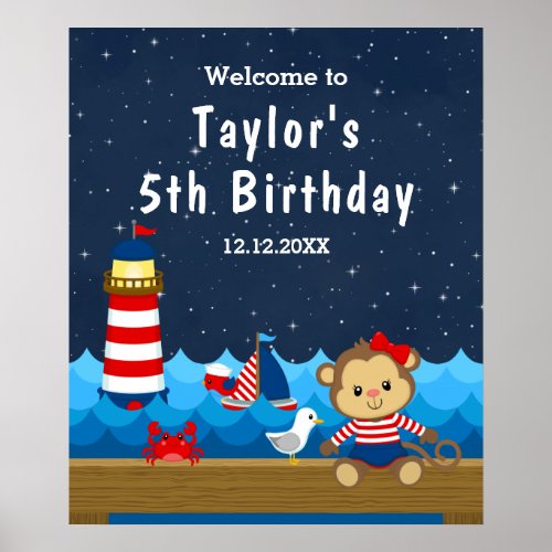 Nautical Girl Monkey Red Navy Birthday Welcome Poster