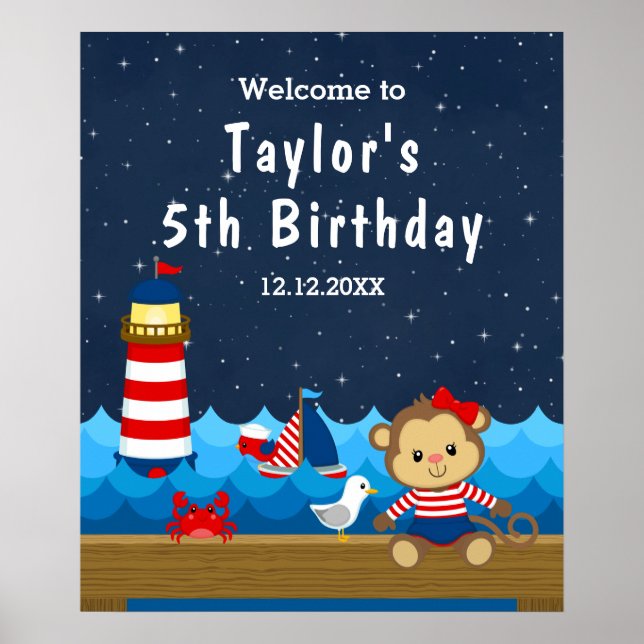 Nautical Girl Monkey Red Navy Birthday Welcome Poster (Front)
