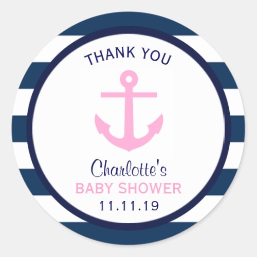 Nautical GIRL Pink Navy Blue Baby Shower Favor Classic Round Sticker