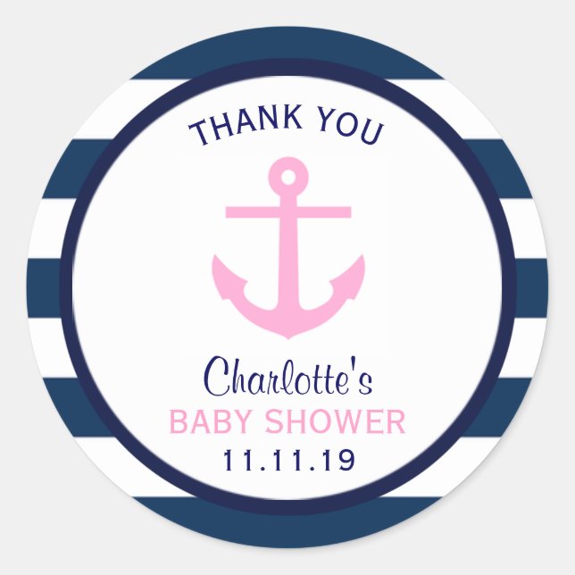 Nautical GIRL Pink Navy Blue Baby Shower Favor Classic Round Sticker (Front)