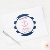 Nautical GIRL Pink Navy Blue Baby Shower Favor Classic Round Sticker (Envelope)