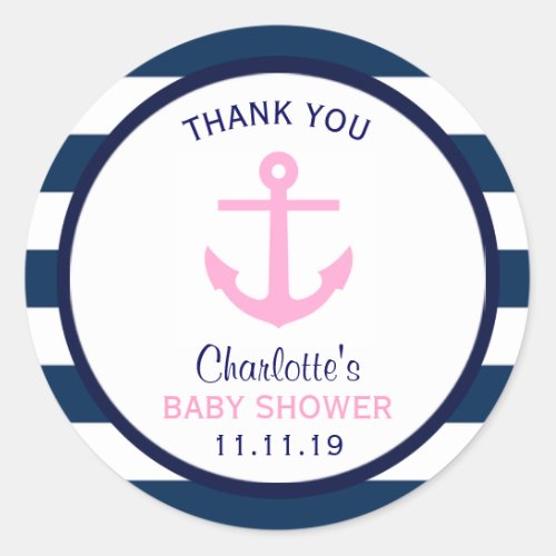 Nautical GIRL Pink Navy Blue Baby Shower Favor Classic Round Sticker