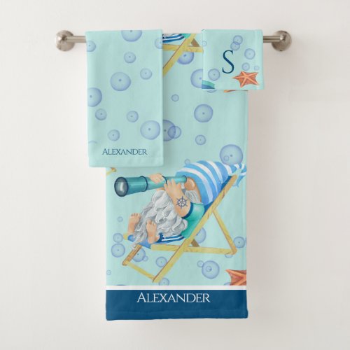 Nautical Gnome Monogram Name Teal Blue White Bath Towel Set