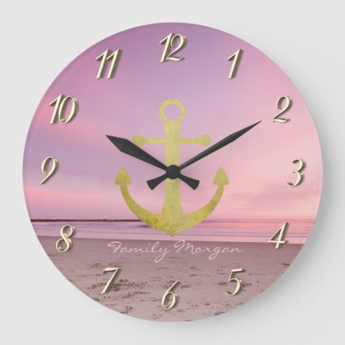 Nautical Gold Anchor Beach Sunset Large Clock