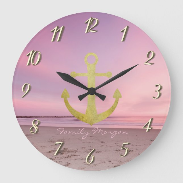 Nautical Gold Anchor Beach Sunset Large Clock (Front)