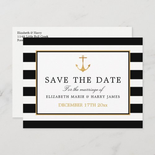 Nautical Gold Anchor Black  Gold Save The Date Announcement Postcard