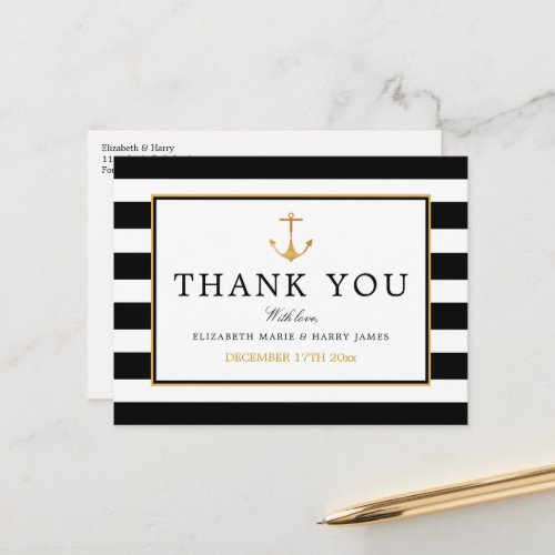 Nautical Gold Anchor Black  Gold Thank You Postcard