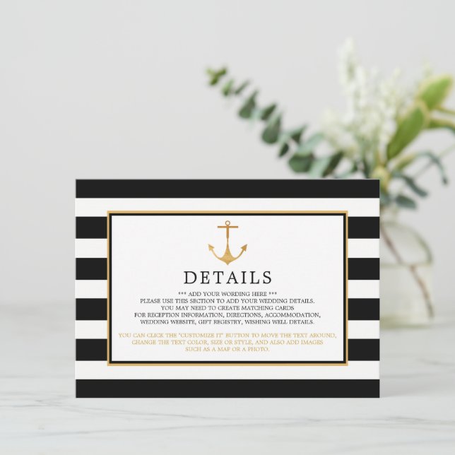 Nautical Gold Anchor, Black & Gold Wedding Detail Enclosure Card (Standing Front)