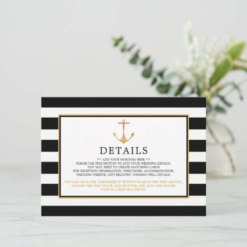 Nautical Gold Anchor Black  Gold Wedding Detail Enclosure Card