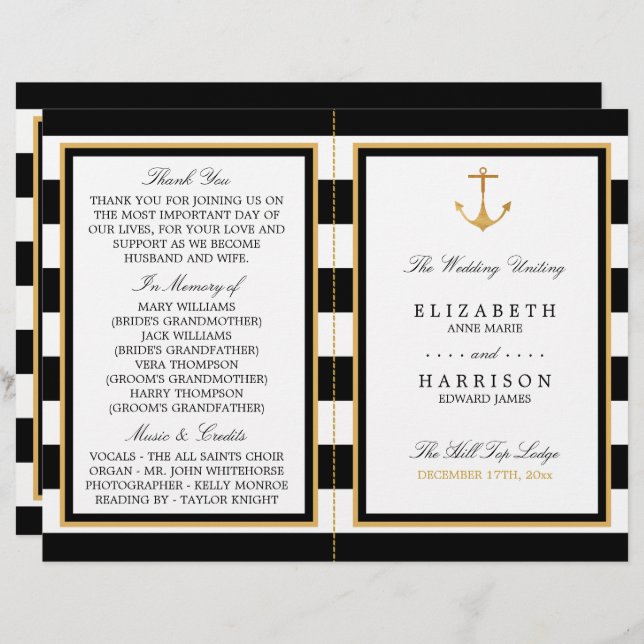 Nautical Gold Anchor, Black/Gold Wedding Programme (Front/Back)