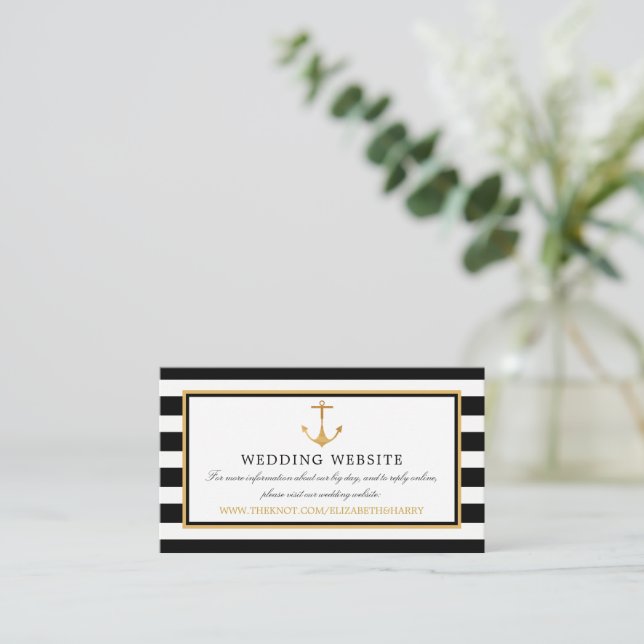 Nautical Gold Anchor, Black & Gold Wedding Website Enclosure Card (Standing Front)
