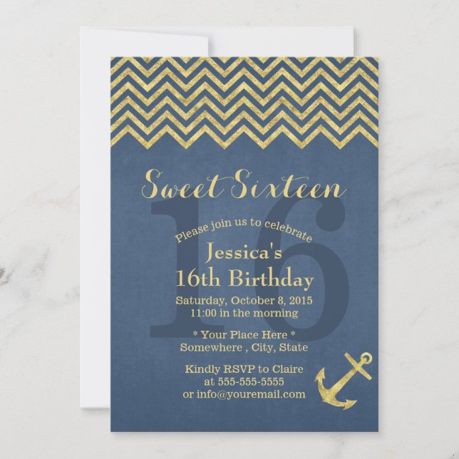Nautical Gold Anchor Chevron Stripes Sweet 16 Invitation (Front)