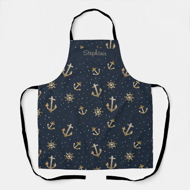 Nautical Gold Anchor & Helm Pattern on Blue Apron (Front)
