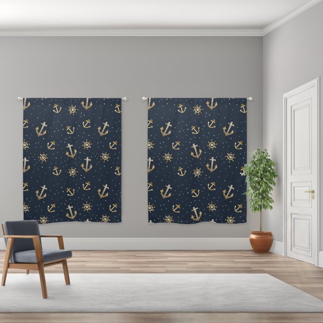 Nautical Gold Anchor & Helm Pattern on Blue Blackout Curtains (Wide)