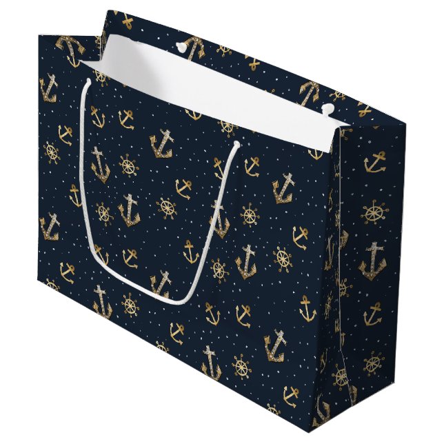 Nautical Gold Anchor & Helm Pattern on Blue Large Gift Bag (Front Angled)