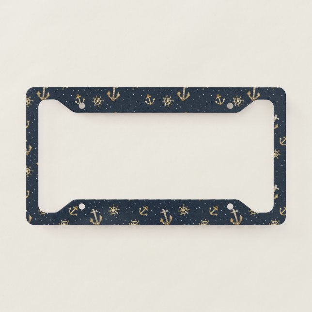 Nautical Gold Anchor & Helm Pattern on Blue License Plate Frame (Front)