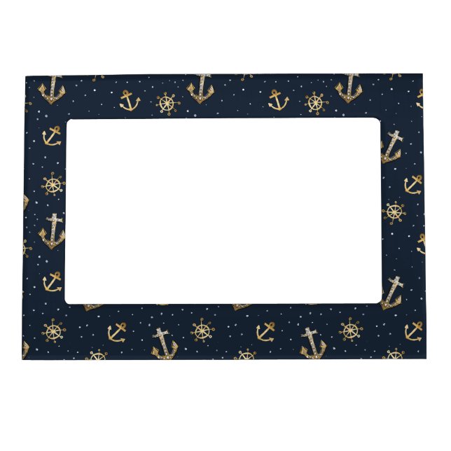 Nautical Gold Anchor & Helm Pattern on Blue Magnetic Frame (Front)