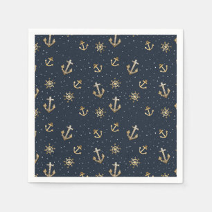 Nautical Gold Anchor & Helm Pattern on Blue Napkins