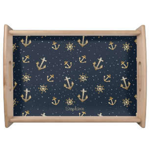 Nautical Gold Anchor & Helm Pattern on Blue Serving Tray