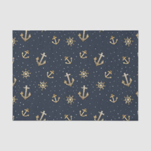Nautical Gold Anchor & Helm Pattern on Blue Tissue Paper