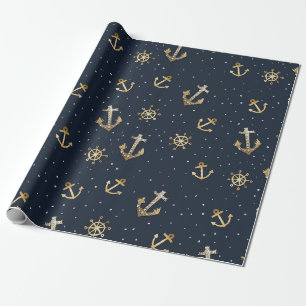 Nautical Gold Anchor & Helm Pattern on Blue Wrapping Paper