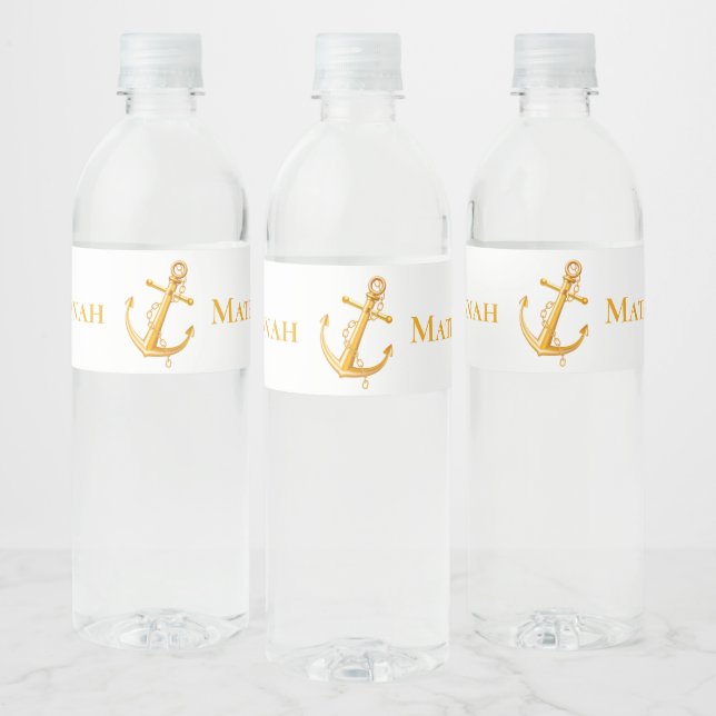 Nautical Gold Anchor Just Married Wedding Beach Water Bottle Label (Bottles)