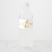 Nautical Gold Anchor Just Married Wedding Beach Water Bottle Label (Front)