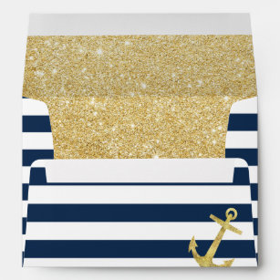 Nautical Gold Anchor Modern Navy Blue Stripes Envelope