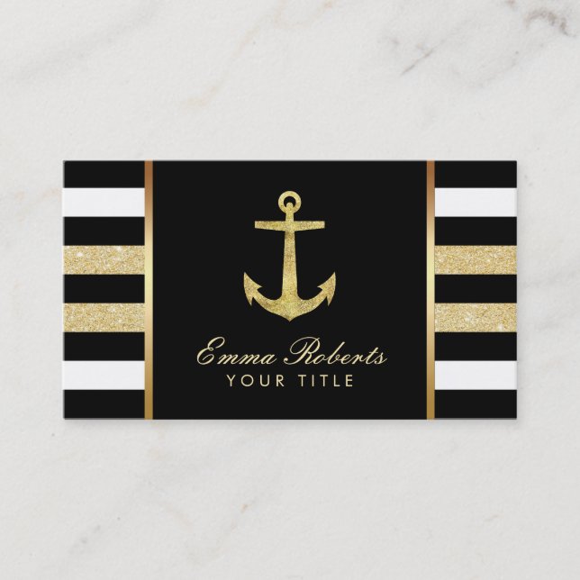 Nautical Gold Anchor Modern Stripes Business Card (Front)