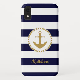Nautical Gold Anchor Navy Blue And White Stripes iPhone XR Case