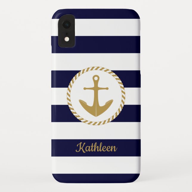 Nautical Gold Anchor Navy Blue And White Stripes Case-Mate iPhone Case (Back)