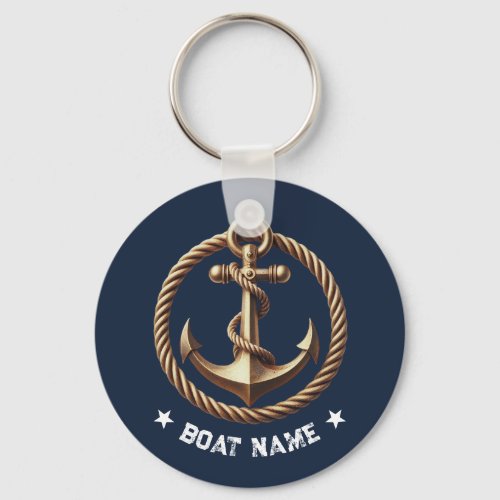 Nautical Gold Anchor Navy Blue Boat Name Keychain