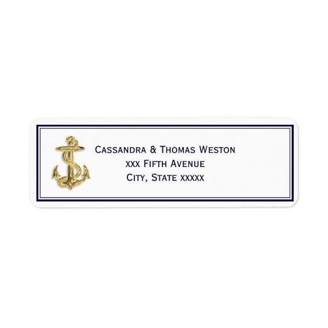 Nautical Gold Anchor Navy Blue Framed 2 Address Label (Front)