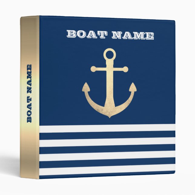 Nautical, Gold Anchor Navy Blue Striped 3 Ring Binder (Front/Spine)