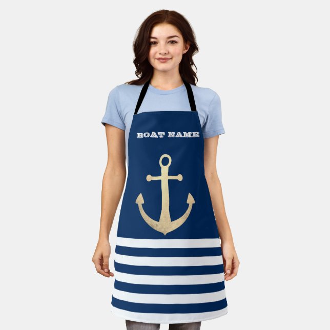 Nautical, Gold Anchor Navy Blue Striped Apron (Worn)